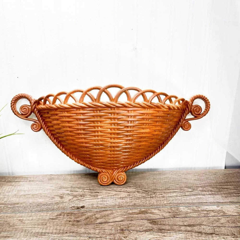 Vintage Faux Wicker Shelf: MCM Wall Basket Shelf